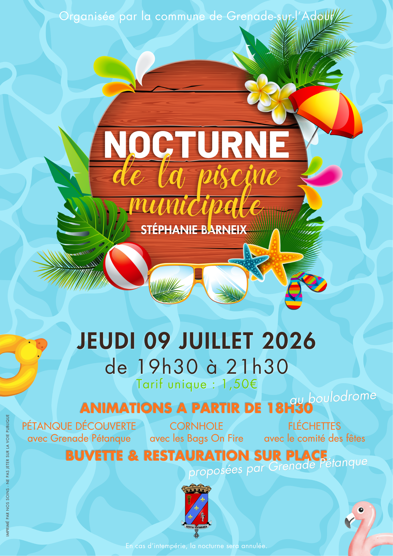 Invitation à la nocturne organisée à la piscine municipale Stéphanie Barneix, le 9 juillet 2026, de 19h30 à 21h30